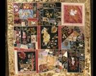 Crazy Quilt with Lil Bo Peep Center Maker unknown c. 1880 Silks Photo by Geoffrey Carr Formerly in the collection of Shelly Zegart